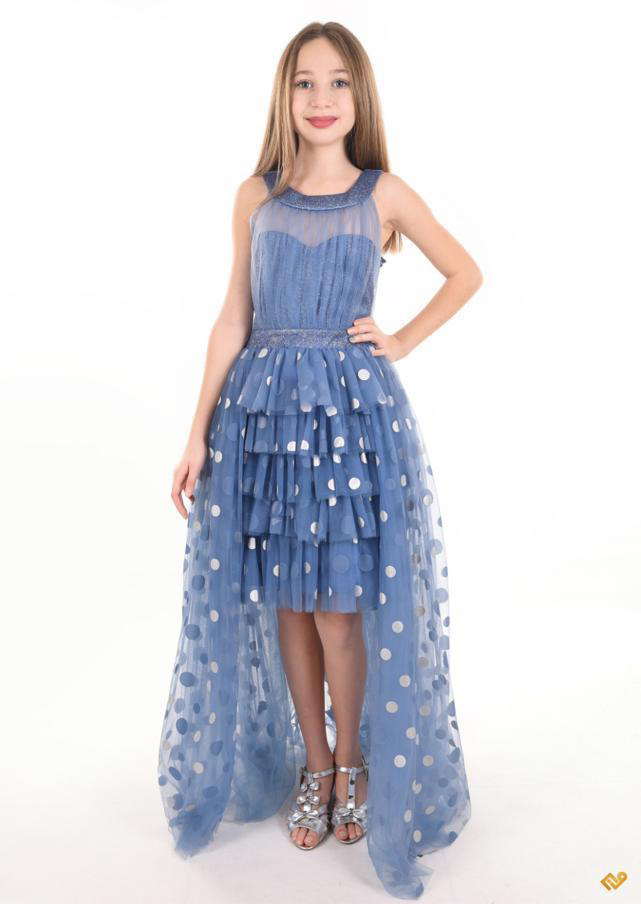 Flok Puanlı Katkat Önü Kısa Yandan Tül Çocuk Abiye