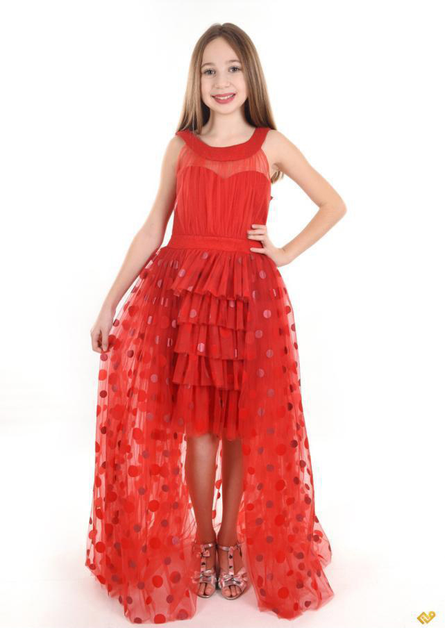 Flok Puanlı Katkat Önü Kısa Yandan Tül Çocuk Abiye