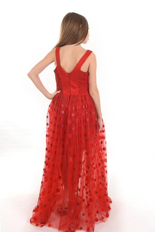 Flok Puanlı Katkat Önü Kısa Yandan Tül Çocuk Abiye