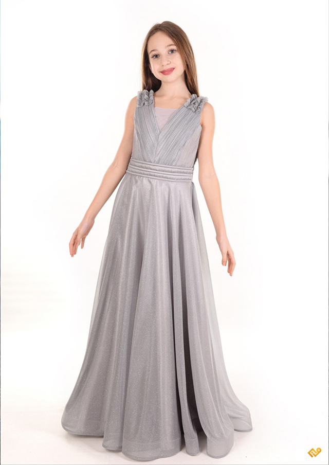 Beden Pilise Etek Simli Şifon Tokalı Uzun Çocuk Abiye