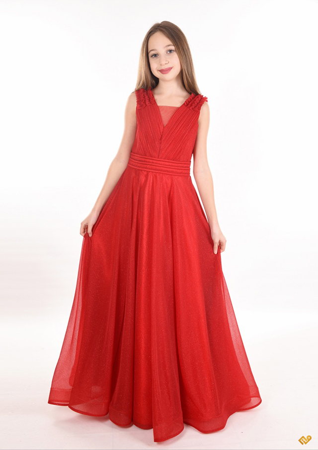 Beden Pilise Etek Simli Şifon Tokalı Uzun Çocuk Abiye