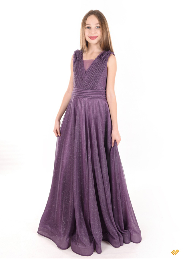 Beden Pilise Etek Simli Şifon Tokalı Uzun Çocuk Abiye