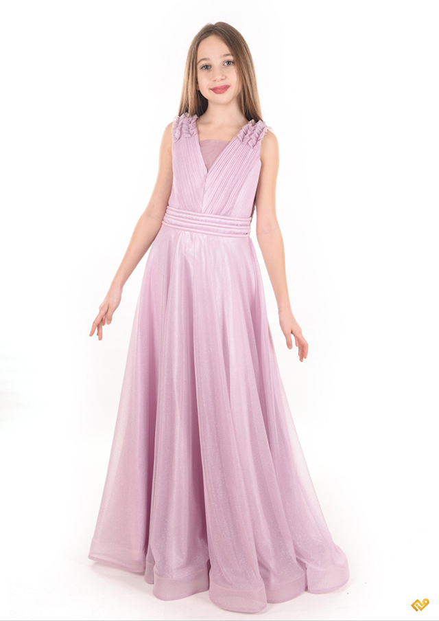 Beden Pilise Etek Simli Şifon Tokalı Uzun Çocuk Abiye