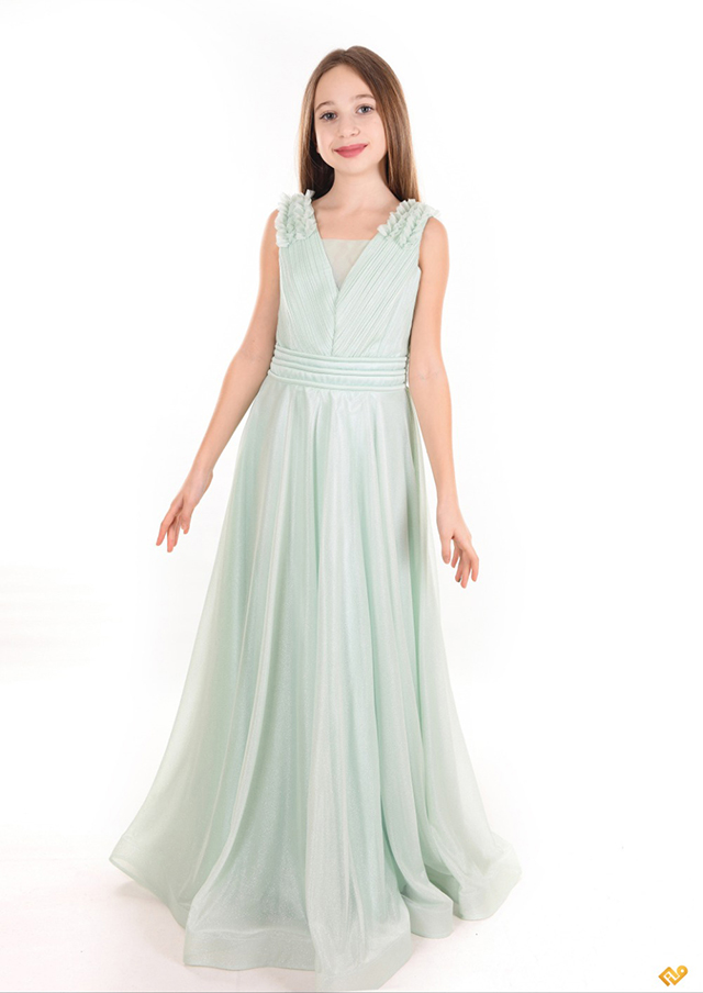 Beden Pilise Etek Simli Şifon Tokalı Uzun Çocuk Abiye