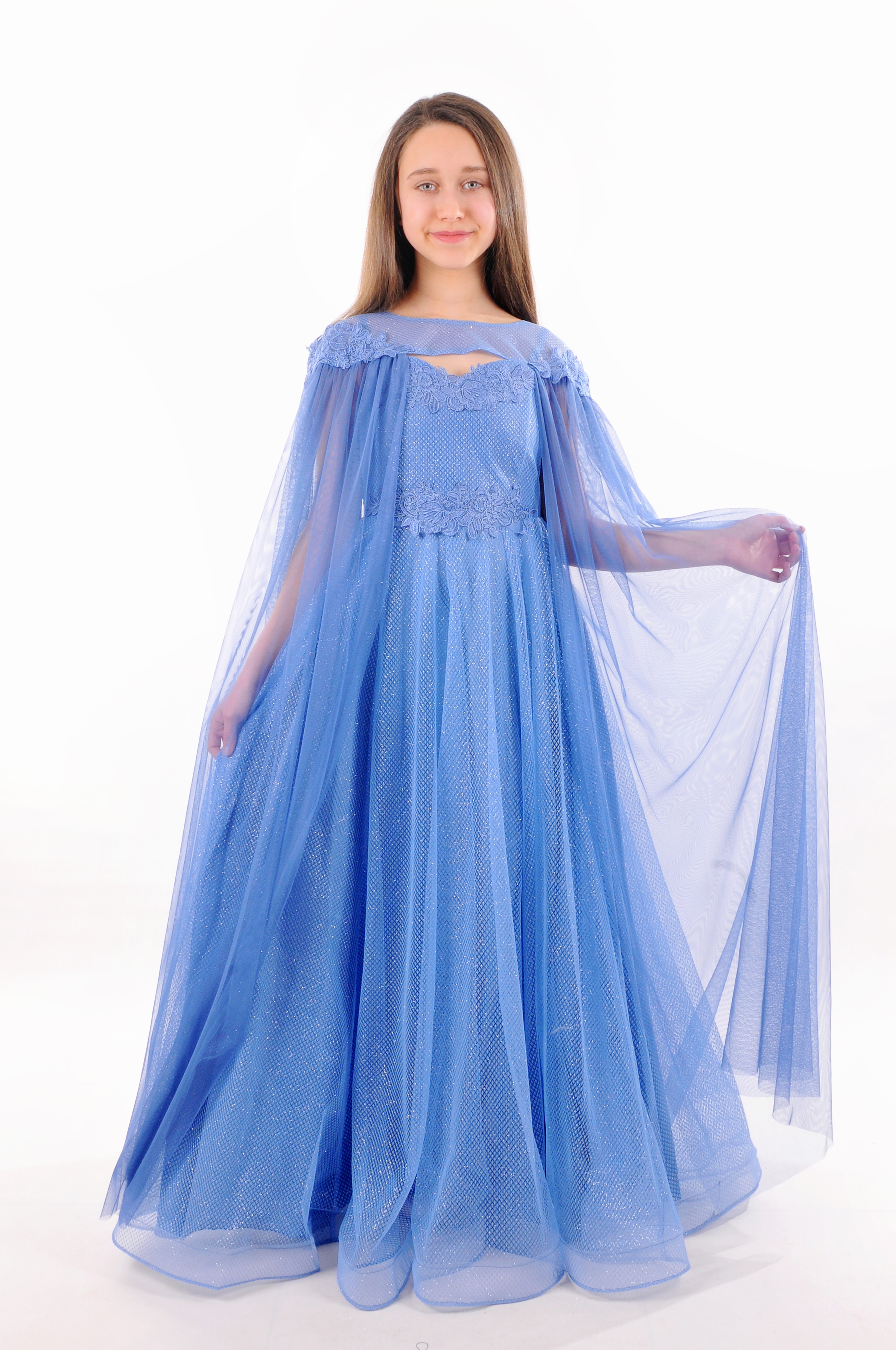 PELERİNLİ LEZ JAKAR APLİKLİ UZUN ELBİSE Çocuk Abiye