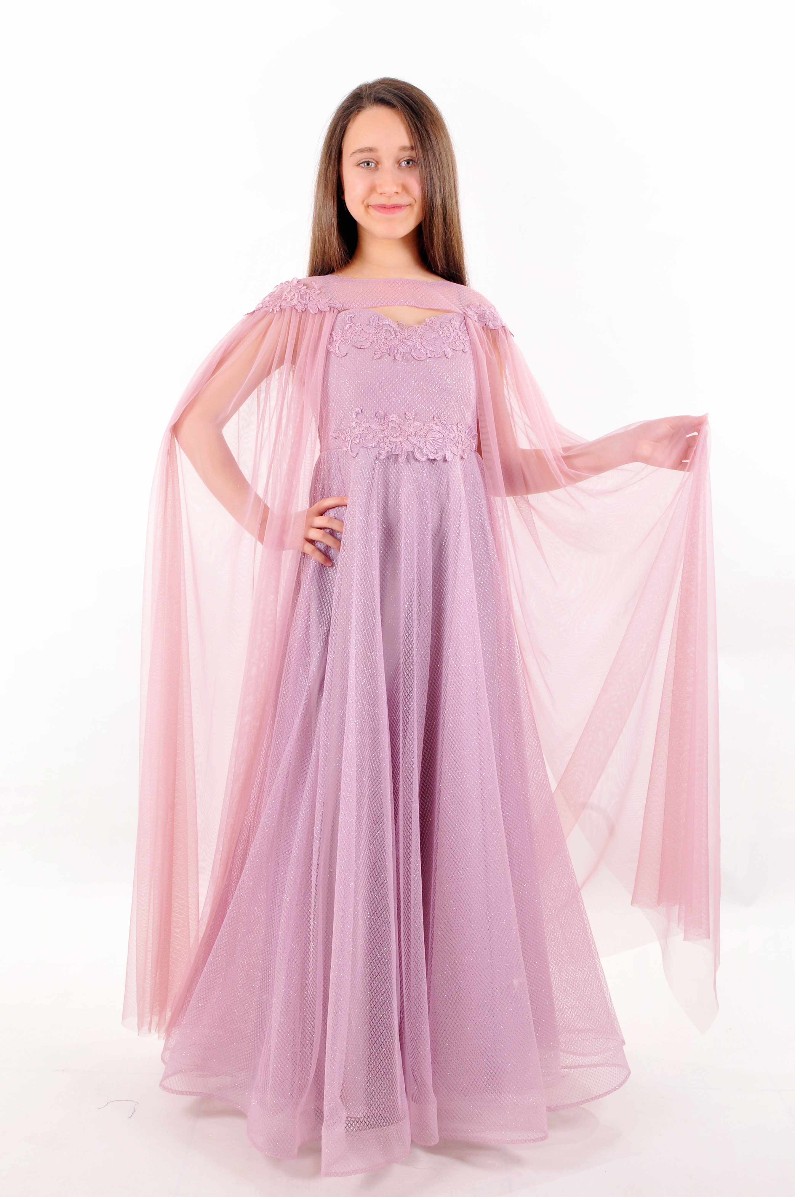 PELERİNLİ LEZ JAKAR APLİKLİ UZUN ELBİSE Çocuk Abiye