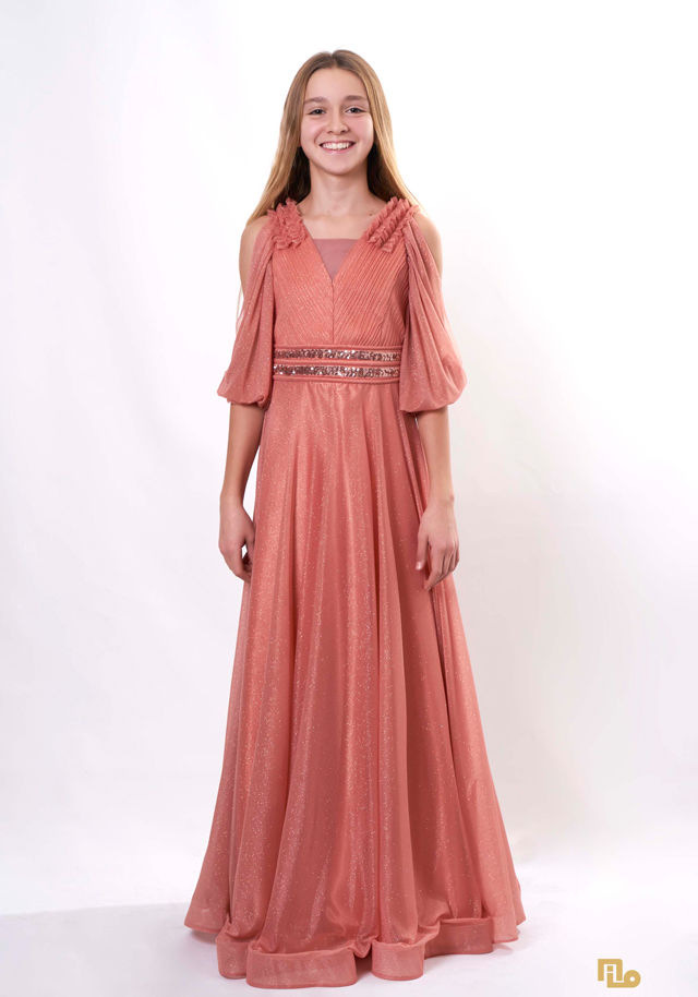 SİMLİ ŞİFON DEGAJE KOLLU ELBİSE Çocuk Abiye