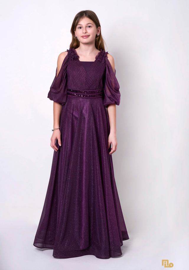 SİMLİ ŞİFON DEGAJE KOLLU ELBİSE Çocuk Abiye