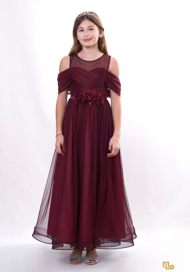 DEGAJE KOL ÇİÇEKLİ LİKRA TÜL UZUN ELBİSE Çocuk Abiye