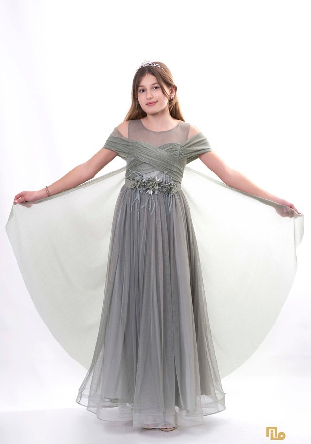 DEGAJE KOL ÇİÇEKLİ LİKRA TÜL UZUN ELBİSE Çocuk Abiye