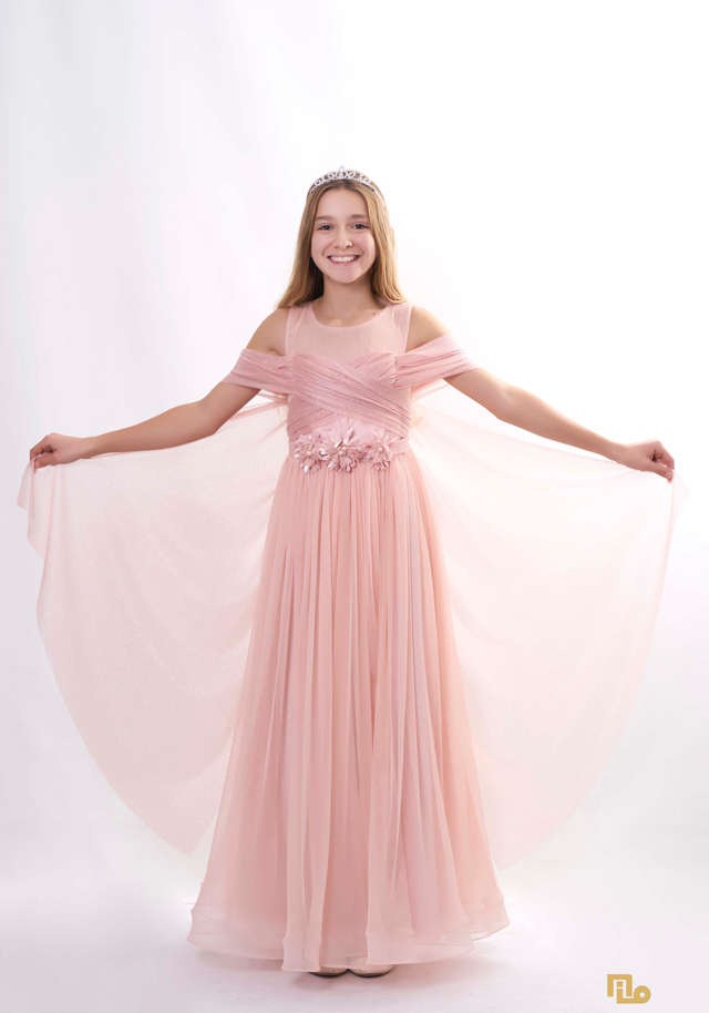 DEGAJE KOL ÇİÇEKLİ LİKRA TÜL UZUN ELBİSE Çocuk Abiye