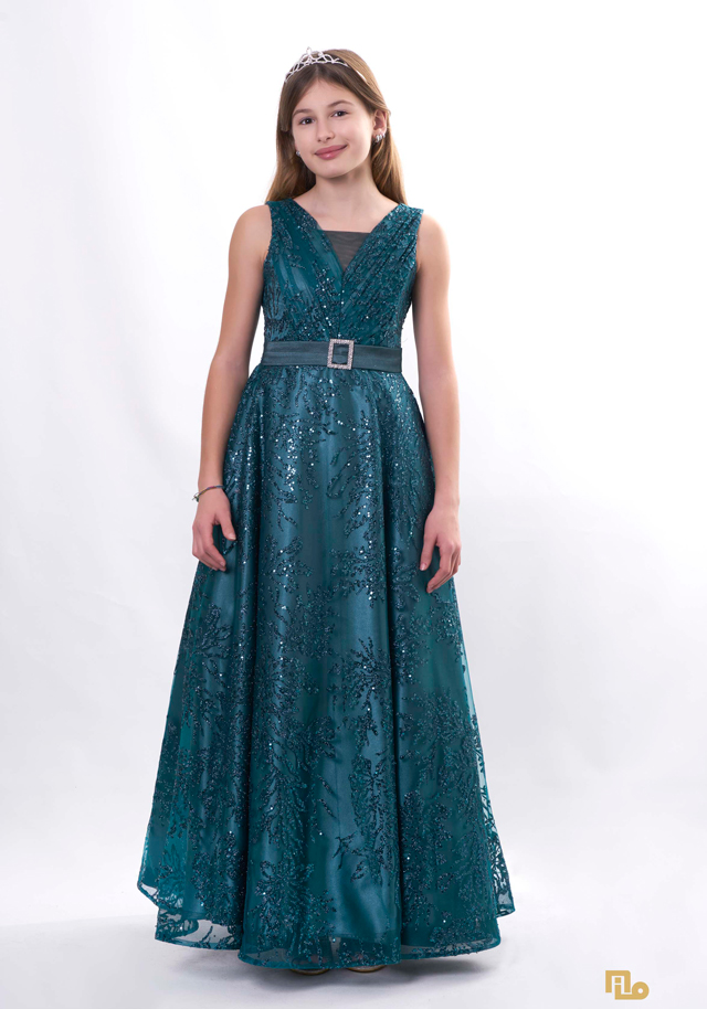 GLITERSİM BASKILI TOKALI UZUN ELBİSE Kız Çocuk Abiye