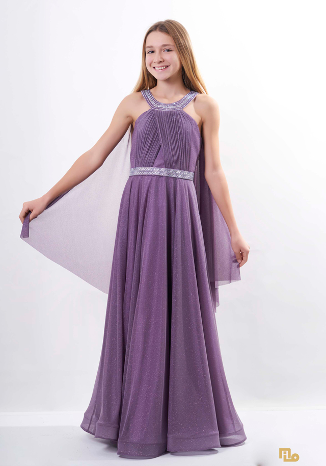 TAŞ BASKILI PELERİNLİ SİMLİ UZUN ELBİSE Kız Çocuk Abiye