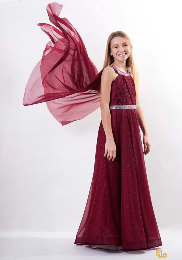 TAŞ BASKILI PELERİNLİ SİMLİ UZUN ELBİSE Kız Çocuk Abiye