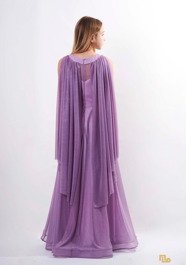 TAŞ BASKILI PELERİNLİ SİMLİ UZUN ELBİSE Kız Çocuk Abiye