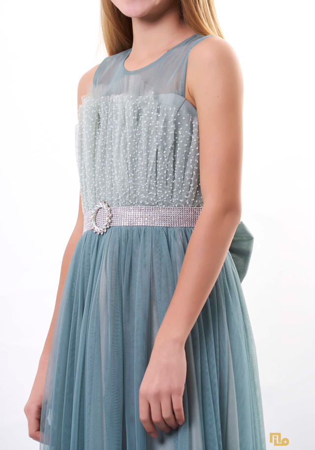 YELPAZE YAKA KEMERLİ ETEK FIRFIRLI UZUN PRENSES Kız Çocuk Abiye