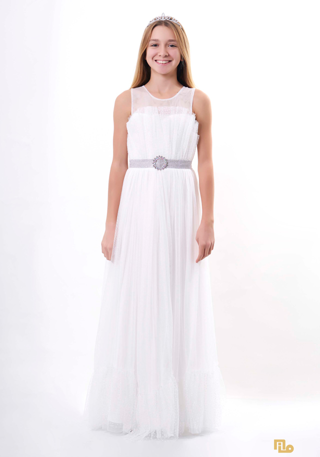 YELPAZE YAKA KEMERLİ ETEK FIRFIRLI UZUN PRENSES Kız Çocuk Abiye